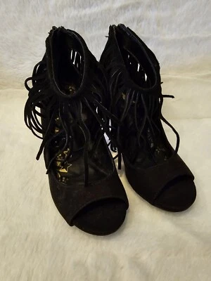Tacones altos Brash para mujer punta abierta flecos negros gamuza talla 5,5 EE. UU./37 UE Foto 1 de 4