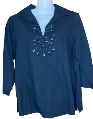 Talbots Women Black Linen Blend Beaded Sz PL Popover Tunic V Neck Collar 3/4 Slv - Image 1 of 4