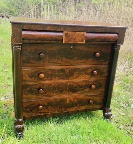 Federal Furniture Empire Flame Mahogany antique dresser chest of drawers c.1825 Cover