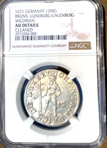 1671 German States Brunswick Luneburg Wildman 1/3 Taler, 12 MG NGC AU Germany - Picture 1 of 2