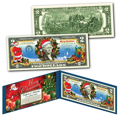 MERRY CHRISTMAS Keepsake Gift $2 US Bill Genine Legal Tender SANTA & SLED w/COA - Image 1 of 3