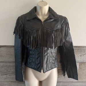 Vintage Black Leather Fringe Jacket Western Biker Branded Garments USA Sz 8 - Picture 1 of 8