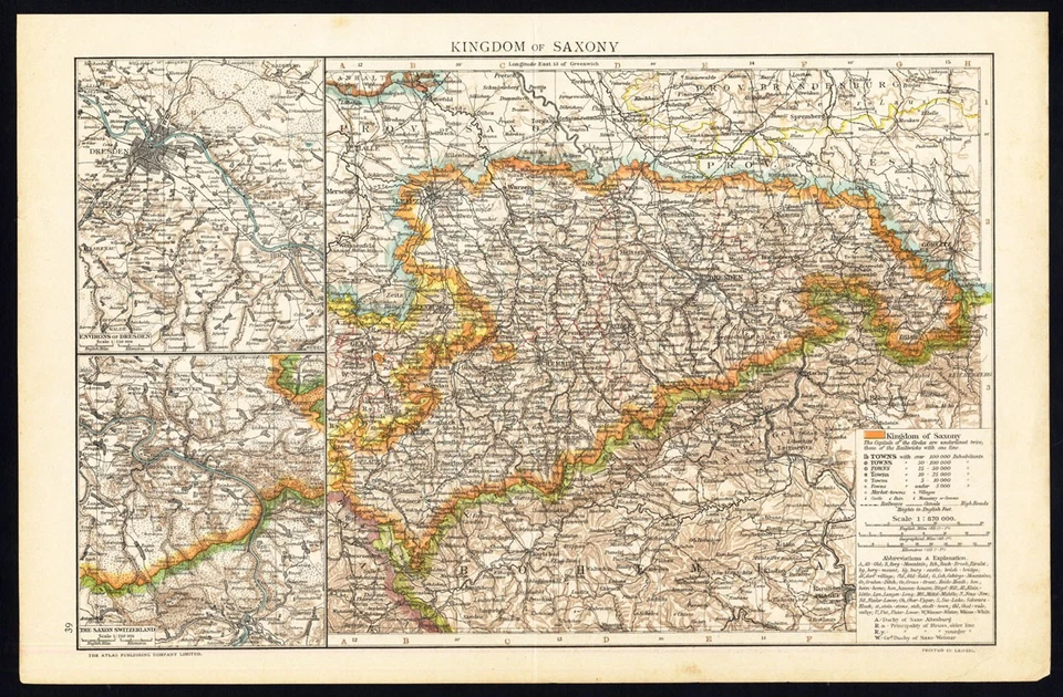 Mapa antigo-ALEMANHA-REINO DA SAXÔNIA-DRESDEN-SUÍÇA-Andrees-1895 - Imagem 1 de 1