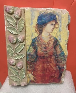Rare Signed Edna Hibel Framed Ceramic Tile Art Plaster Fresco Vintage - Picture 1 of 3
