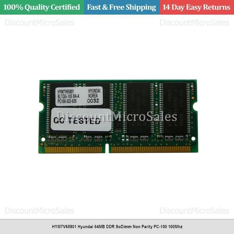 HYM7V65801 Hyundai 64MB DDR SoDimm Non Parity PC-100 100Mhz - Image 1 of 1