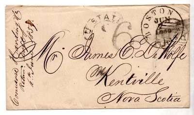 US TO CANADA 1859 STAMPLESS BOSTON TO KENTVILLE NOVA SCOTIA "6 CENTS"  VIA NEW B - Image 1 of 2