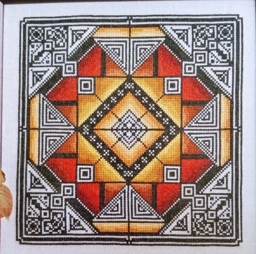 Cross Stitch "GOSSAMER THREADS" pattern ~ geometric, red, gold, orange  - Image 1 of 1