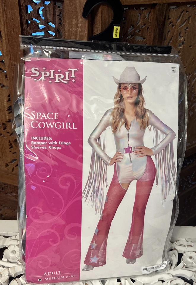 Sexy Space Cowgirl Halloween Costume Medium Sz 8-10 Romper Chaps Fringe Mesh NEW - Image 1 of 4