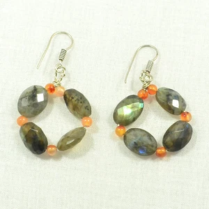 Labradorite Gemstone Fancy Beads Hoop Drop Dangler Earrings for Girls and Women - Picture 1 of 5