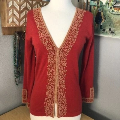 Handcrafted Nepal Womens Cashmere Silk Sweater size M Red Tan Heavily Beaded - Image 1 of 4