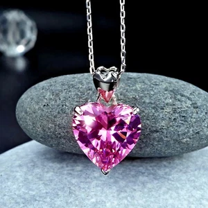 Sterling Silver Heart Pendant Necklace with 5 Carat Pink Created Diamond - Picture 1 of 7