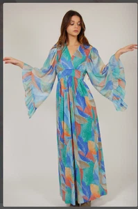 Vintage 70s Maxi Dress Caftan ULTIMATE Boho Goddess Bell Sleeve LEAF Print S/M - Picture 1 of 12