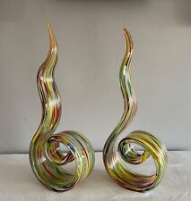 Set (2) Murano Style Bright Colors, Gold Specks 12" Tall Glass Ribbons