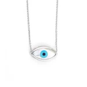 Evil Eye Necklace 9K White Gold - Greek Handmade Jewelry, Lucky Necklace - Picture 1 of 8