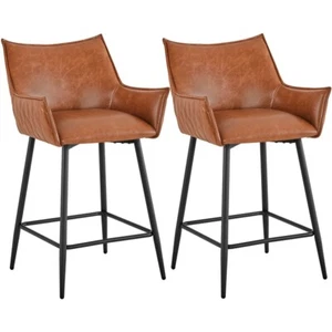 Set of 2 Modern Bar Stools PU Leather Counter Stools with Metal Legs Brown - Picture 1 of 8