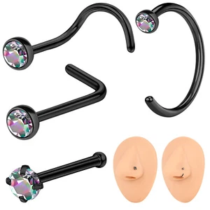 20g Stainless Steel CZ Crystal Nose Studs I/L/S/C-Shape Nostril Piercing Jewelry - Picture 1 of 15