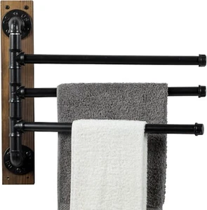 3 Tier Wall Mounted Brown Wood and Black Metal Bathroom Towel Rack, Tower Holder - Picture 1 of 7