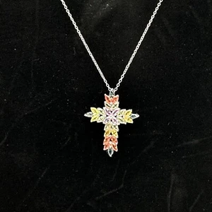STS 925 Crystal Cross Necklace Multi-Color 18” 3g  - Picture 1 of 9