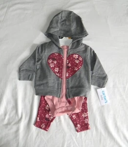 Carters 3-teiliges Jacke mit Herz, rosa Body Anzug & Blumen Hose Kleinkind Set Neu mit Etikett - Bild 1 von 5