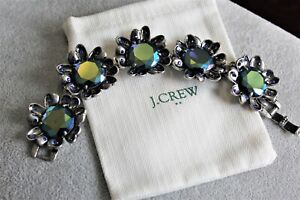J Crew LARGE Iridescent Blue crystal Vintage Silver Flower Bracelet Signed