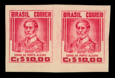 BRAZIL 1947 Count of Porto Alegre 10cr red - IMPERFORATED PAIR- Sc #668v PROOF - Image 1 of 2