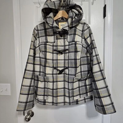 Old Navy Coat Large Womens Wool Blend Plaid Full Zip Hooded Pea Coat  - Image 1 of 4