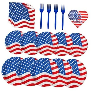 American Flag Patriotic Party Supplies - 4th of July Paper Plates, Napkins and - Picture 1 of 8