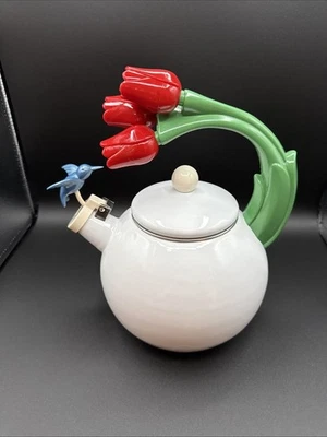 Tetera vintage Ancona hervidor colibrí, esmalte tulipanes rojo, blanco, azul y verde Foto 1 de 4