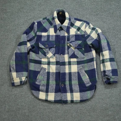 Vintage JC Penney Shirt Jacket Men Small Blue Green Flannel Shacket Sherpa Lined - Image 1 of 4