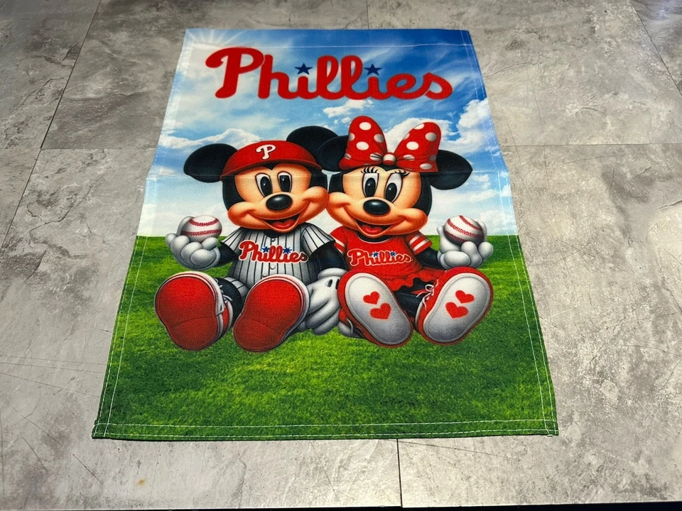 MLB Philadelphia Phillies Mickey & Minnie Garden Flag 2 Sided Premium Yard Flag. - Image 1 of 2