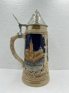 Tapa de peltre alemán Beer Stein Landungsbrücken Ayuntamiento Hamburgo franqueo gratuito - Imagen 1 de 6