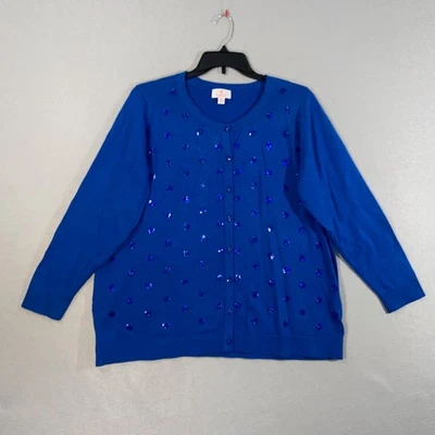 Quacker Factory Womens Cardigan Sweater 2X Blue Sequin Embellished Button Up - Image 1 of 4