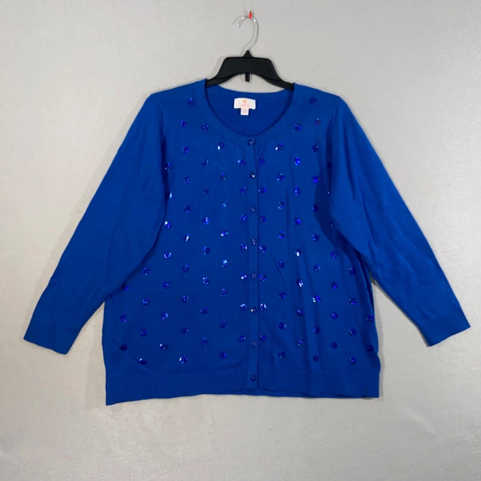 Quacker Factory Womens Cardigan Sweater 2X Blue Sequin Embellished Button Up - Image 1 of 4