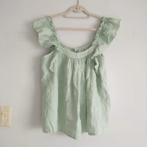 Blusa Top Kaktus M Verde 100% Lino Volantes Sin Mangas Cuello Redondo Boho Nueva*LEER - Imagen 1 de 7