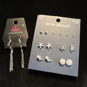 6 Set Earring Lot Paparazzi Iron Orchid Faux Pearl Silvertone Fashion (Lot# 402) - Picture 1 of 4