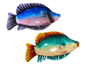 SET OF 2 TROPICAL METAL FISH COLORFUL ART NAUTICAL PATIO HOME DECOR WALL ART - Picture 1 of 3