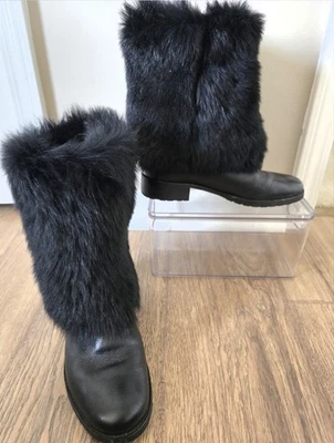 Botas Via Spiga de cuero negro peludo piel de oveja sin cordones para mujer 8,5 Kaya BOHO nieve Foto 1 de 4