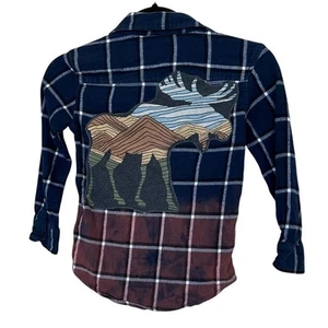 Moose Kids Plaid Flannel Button Down Shirt MEDIUM Unique Ombre Upcycled - Picture 1 of 5