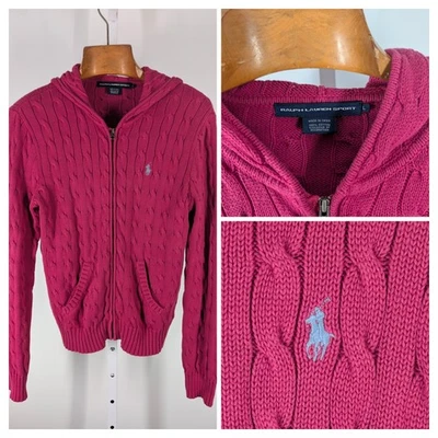 Suéter com capuz Ralph Lauren esporte malha cabo zíper completo rosa algodão tamanho L Y2K hera - Imagem 1 de 4