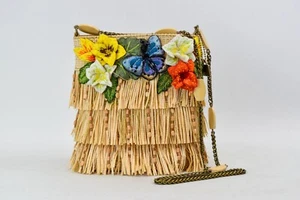 Bolso Bandolera MARY FRANCES Flor de Paja Bordado Natural Multicolor Flecos - Imagen 1 de 14