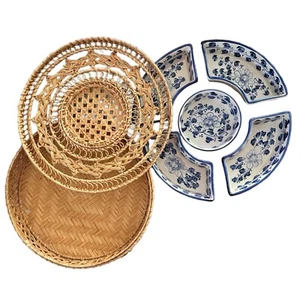 Vintage Blue & White Ceramic Serving Dish 12” Divided in Wicker Basket w/ Lid - Picture 1 of 9