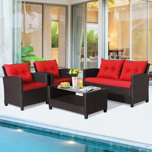 4 PCS Patio Rattan Furniture Set w/ Coffee Table & Loveseat & 2 Single Sofas - Picture 1 of 24