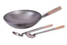 Set padelle wok 35 cm Ø pavimento rotondo + mestolo + spatola scarico a induzione gas carbonio S
