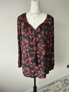 BHS Womens Black Red Floral blouse Size 14 Mesh casual Top Summer Retro Boho - Picture 1 of 7