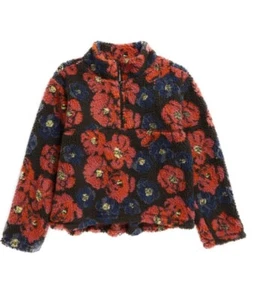 TREASURE & BOND Red Blue Floral Print Fleece Teddy Bear Half-Zip Sweater L 10-12 - Picture 1 of 2