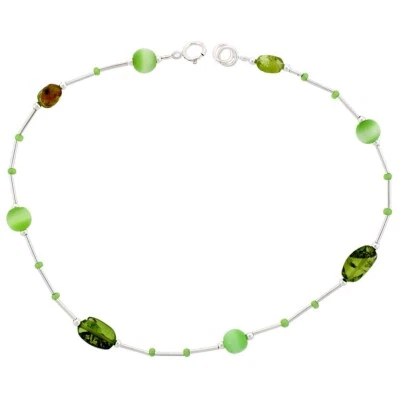 925 Sterling Silver Anklet with Natural Peridot Stone Nuggets Green Cateye Beads - Image 1 of 4