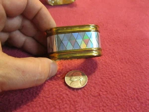 4 Oblong Brass Napkin Ring Grooved Top Bottom Iridescent Center Diamond Applique - Picture 1 of 4