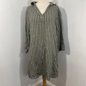 Tempo Paris Tunic Womens M Olive Green Striped Linen Langenlook Resort Summer - Picture 1 of 9