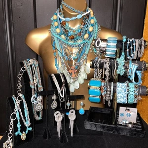 Estate Lot Turquoise Silver Tone Jewelry Boho Southwest Hippie Chunky Statement - Picture 1 of 20