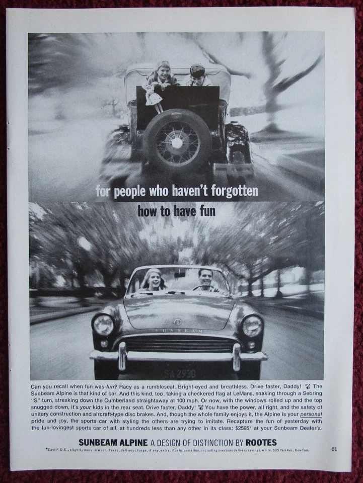 Anuncio impreso de auto deportivo convertible Sunbeam Alpine 1963 ~ ¡Conduce más rápido, papá! Foto 1 de 1